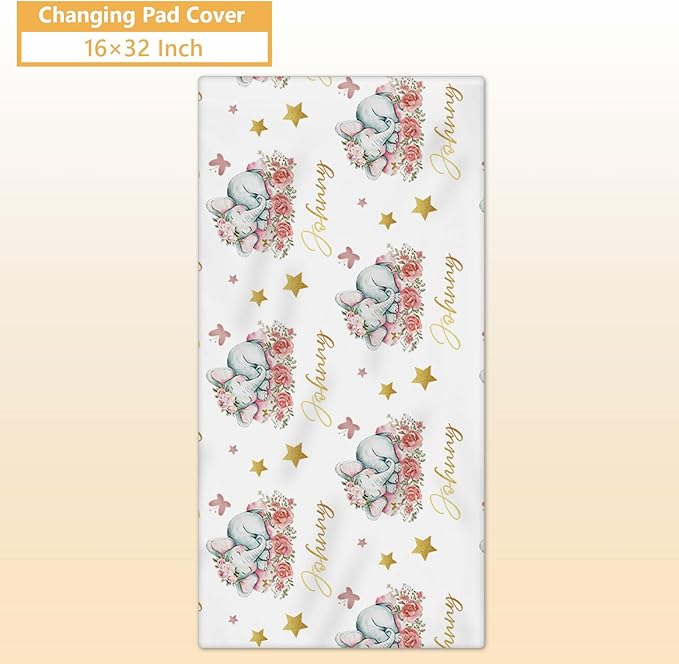 Custom Baby Crib Bedding Set, 5 Pcs Personalized Name Baby Crib Sets for Infant Toddler, Floral Elephant Nursery Bedding Set for Baby Girls, Double Layer Baby Bedding Sets Customized Gifts