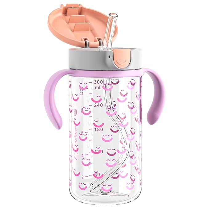 Evorie Tritan Spill Proof Toddler Straw Sippy Cup, 10 oz for Baby and Toddlers 1-3 Years Old, No Spill Straw Water Bottle with Removable Handles, Ideal for School, BPA-Free, Evorie Smiles