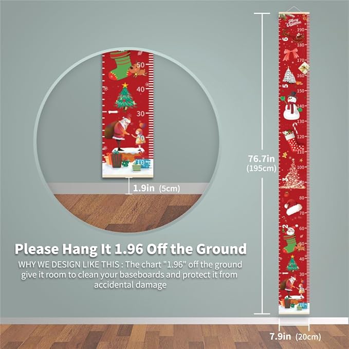 Christmas Decorations, Growth Chart for Wall, Height Chart for Kids, Xmas Nursery Decor, Hanging Ruler Wall Decor, Baby Room Decor, Christmas Gifts for Boys Girls - 76.7 x 7.9 inch with Beige Wood