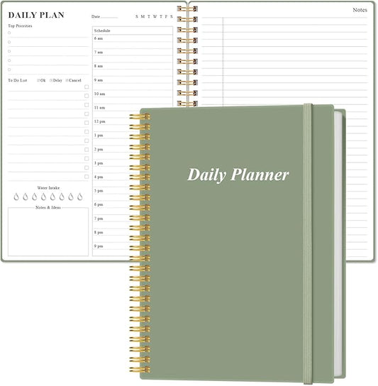 Daily Planner Undated - B5 To Do List Notebook Hourly Schedules, Spiral Appointment Planner for Women and Men, PVC Hardcover, Inner Pocket, Elastic Closure, 7" x 10", Green