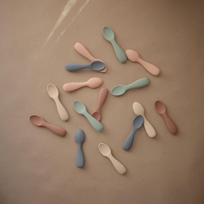 mushie Silicone Toddler Starter Spoons | 2 Pack (Cambridge Blue/Shifting Sand)