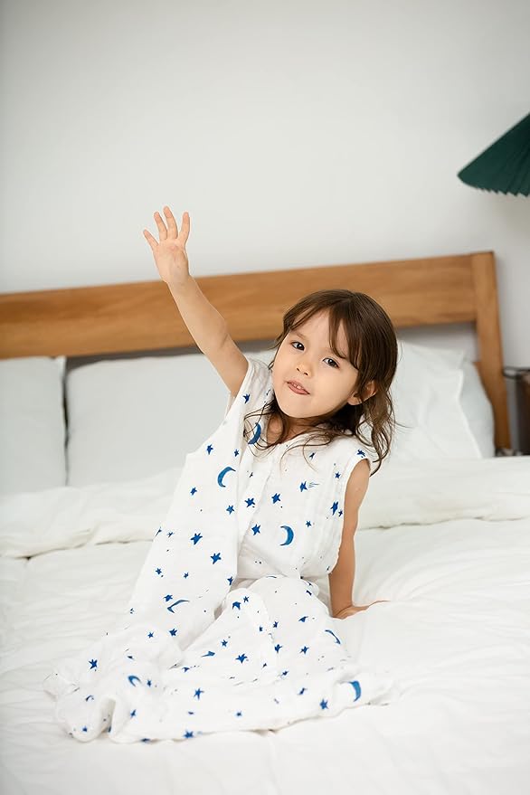 Toddler Sleep Sack for 2-4T Baby, Organic Cotton Wearable Blanket for Boys and Girls 0.5 TOG 2-Way Zipper Soft 4 Layers X-Large Star Moon