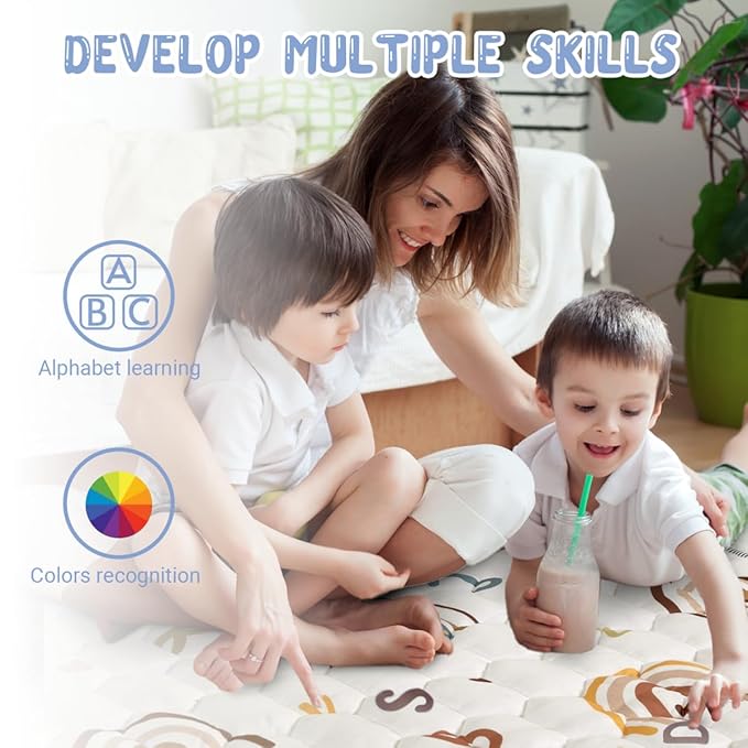 Boho Rainbow Baby Play Mat 50" X 50" Playpen Mat Thicken One-Piece Baby Crawling Mat Non-Slip Cushioned Baby Floor Mat with Lettters, Activity Playmats for Infants, Babies, Toddlers (50X50,Beige)