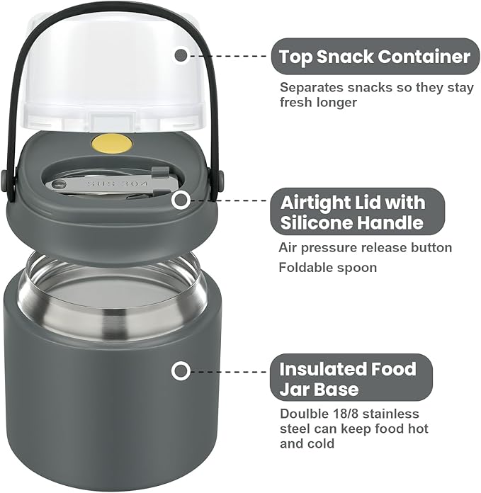 2-in-1 Insulated Food Jar & Snack Container - 15oz Kids Soup Thermos for Hot Food with Handle and Spoon, Leak Proof Reusable Toddler Snack Box, Perfect for School & Travel, Grey