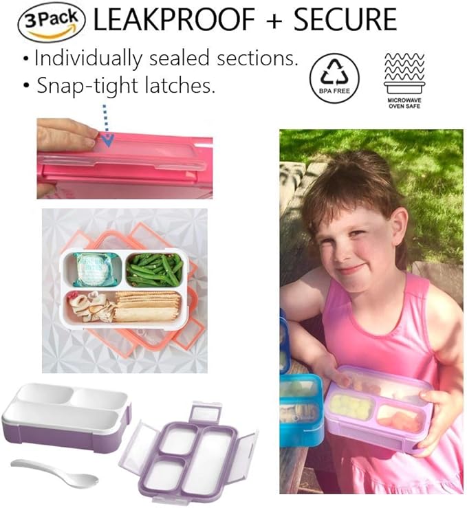 kinsho MINI Lunch-Box Snack Containers for Kids | SMALL Bento-Box Portion Container | Toddler Pre-School | Leak-proof Boxes for Work, Travel | Best for Adults Boys Girls | Pink Purple, Coral 3 pack