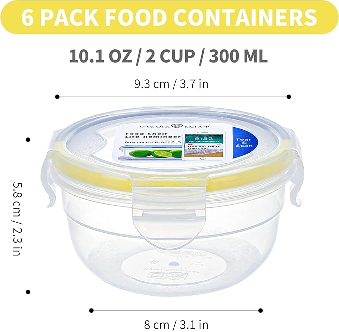KIGI 6 PACK 10oz Plastic Round Bowls with Lid Leakproof Food Storage Container Set Small Meal Prep Containers Bento Box