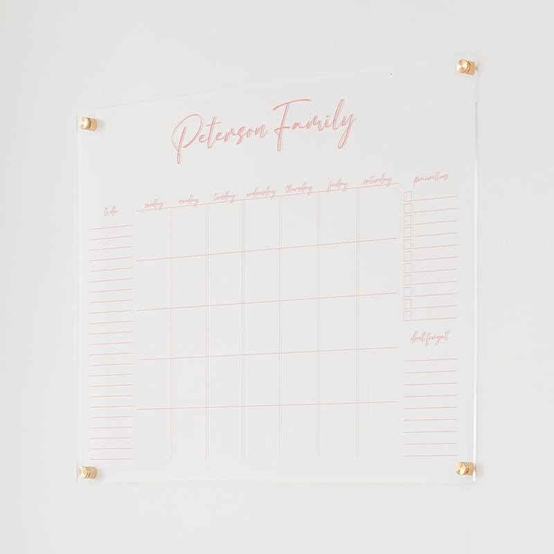 Personalized Clear Acrylic Calendar for Wall, Calendar Whiteboard for Wall, Dry Erase Wall Calendar, Wall Calendar Organizer System for Home (Cursive, Blush, 31"W x 23"H)