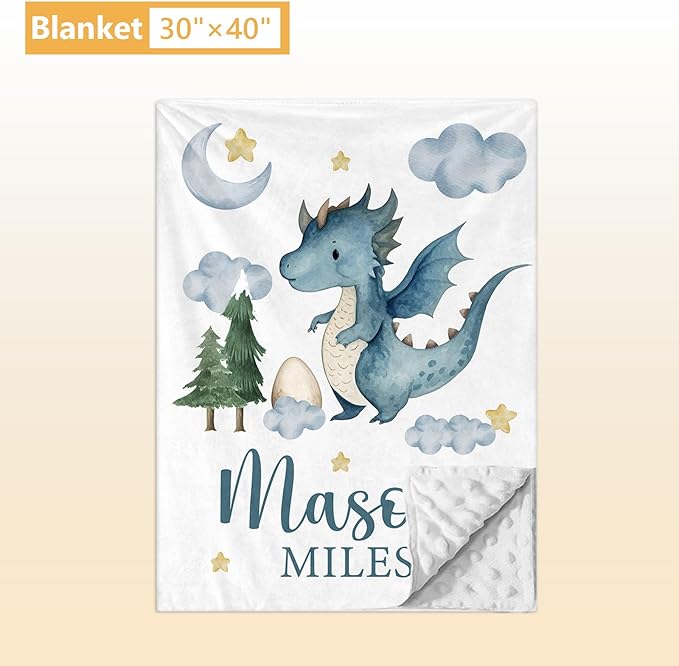 Custom Baby Crib Bedding Set, 5 Pcs Personalized Name Baby Crib Sets for Infant Toddler, Blue Dinosaur Nursery Bedding Set for Baby Boy, Double Layer Baby Bedding Sets Customized Gifts