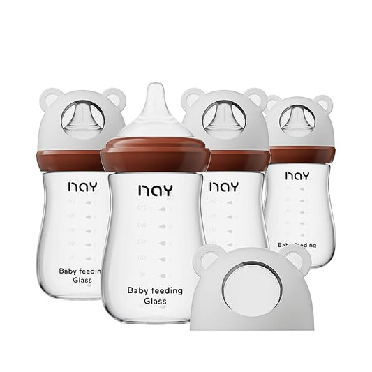 Natural Glass Baby Bottle for Breastfeeding Babies, 8oz Anti-Colic Baby Bottle with Natural Response Nipple(M), Clear, Wide Neck, 4 Pack, 3 Months+