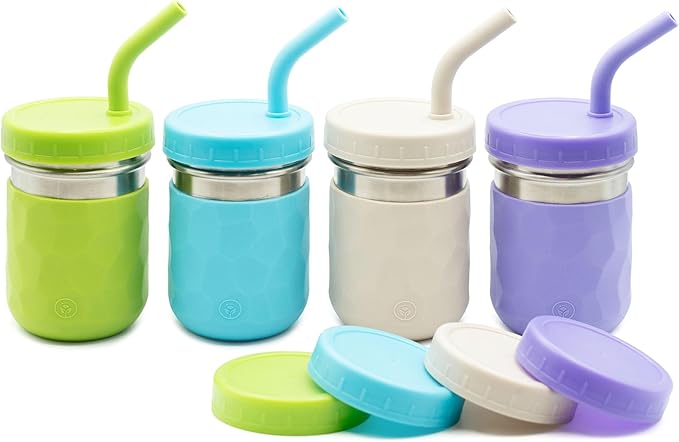 WeeSprout 2-in-1 Drinking Cups for Kids, Durable Stainless Steel Tumbler for Smoothies, Silicone Straws with Stoppers, Premium Plastic Twist Lids, Easy-Grip Sleeves, Set of 4 Dishwasher Safe Kid Cups
