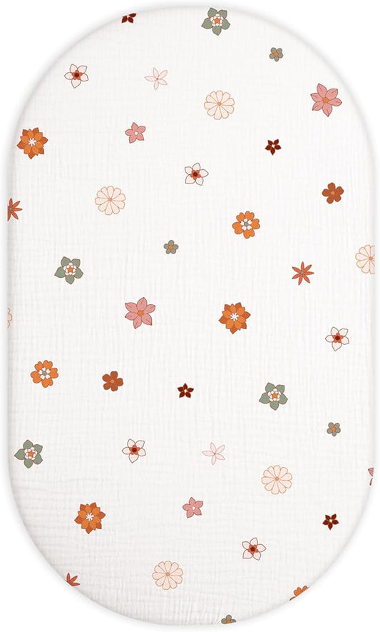 Bassinet Sheet for Baby Boy and Girl, Fitted Sheets for Rectangle, Oval, Hourglass Bassinet Mattress, Muslin Moses Basket Sheets with Neutral Style (Flower-B)