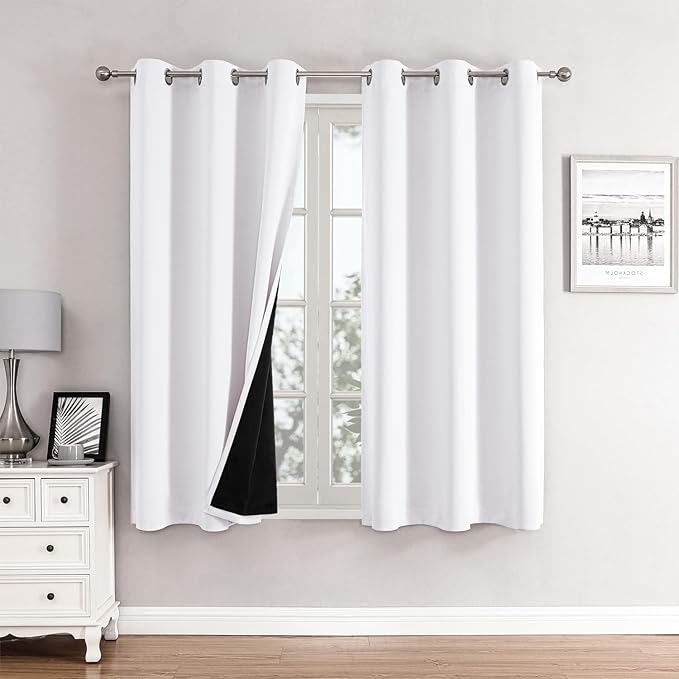 ChrisDowa 100% Blackout Curtains 63 inch Long for Bedroom with Black Liner, 2 Thick Layers Total Blackout Thermal Insulated Grommet Window Curtains 2 Panels Set (Pure White, 38 x 63 Inch)