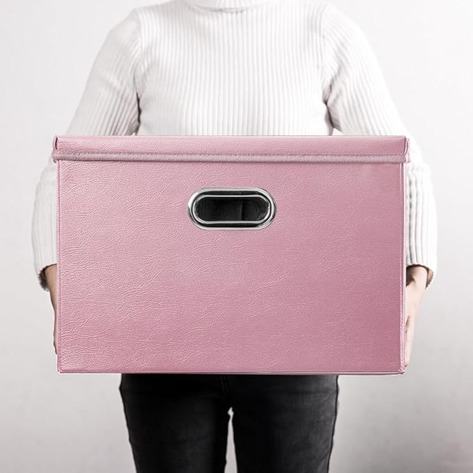 PRANDOM Large Stackable Storage Bins with Lids [3-Pack] Leather Fabric Foldable Storage Boxes Organizer Containers Baskets Cube with Cover for Bedroom Closet Office Nursery Pink (17.7x11.8x11.8)