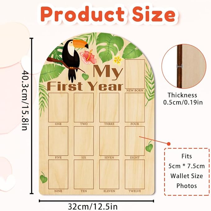 ORIGACH My First Year Baby Growth Photo Display Wood Board - 12 Months Newborn Milestones Photo Board - Neutral Baby Keepsake Board 1st Birthday Party Nursery Decor New Mom Gift - Toucan & Leaves