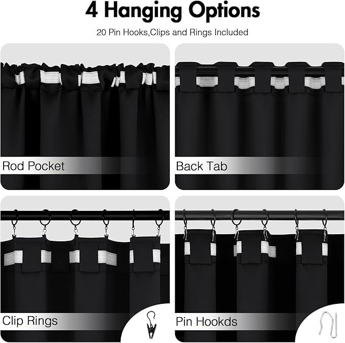 ANRODUO Back Tab Blackout Curtains for Bedroom Living Room, Rod Pocket Pinch Pleated Thermal Insulated Room Darkening Curtains 102 Inches Long 2 Panels, Black, 52 x 102 Inch