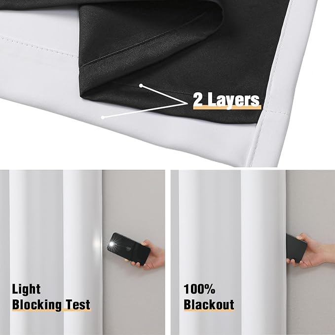 ChrisDowa White 100% Blackout Curtains for Bedroom with Black Liner, 2 Thick Layers Total Blackout Thermal Insulated Grommet Window Curtains 2 Panels Set (Pure White, 52 x 63 Inch)