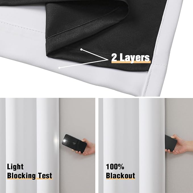 ChrisDowa White 100% Blackout Curtains for Bedroom with Black Liner, 2 Thick Layers Total Blackout Thermal Insulated Grommet Window Curtains 2 Panels Set (Pure White, 52 x 72 Inch)