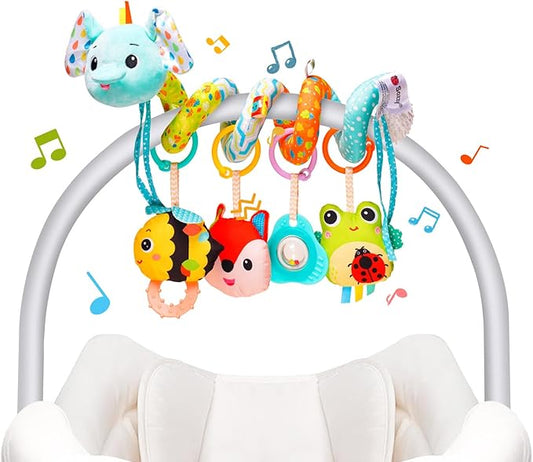 Koty Car Seat Toys, Cute Elephant Car Seat Toys for Babies 0-6 Months Boy, Stroller Toys with Crinkle, Teether, Music Box, Rattle, BB Squeaker for 0 3 6 9 12 Months Babies Infant Boys Girls Gifts