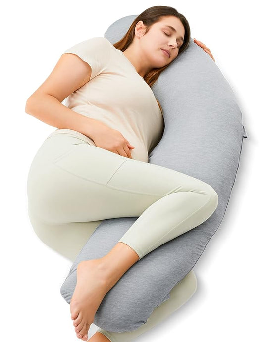 Momcozy J-Shaped Pregnancy Pillow for Sleeping with Cooling Cover – Maternity Body Pillow for Pregnant Women, Side Sleeper Support for Belly, Hip & Leg, Deep Grey