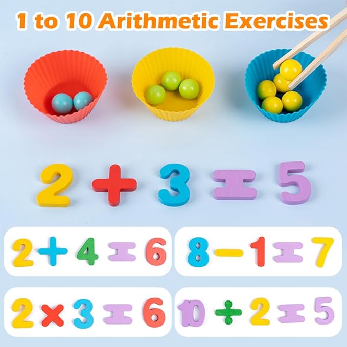 Montessori Arithmetic Math Toy Set, Toddler Wooden Montessori Toys for 2 3 4 5 6 Years Old, Number Cognitive Clip Bead Matching Game, Boy Girl Birthday Gift