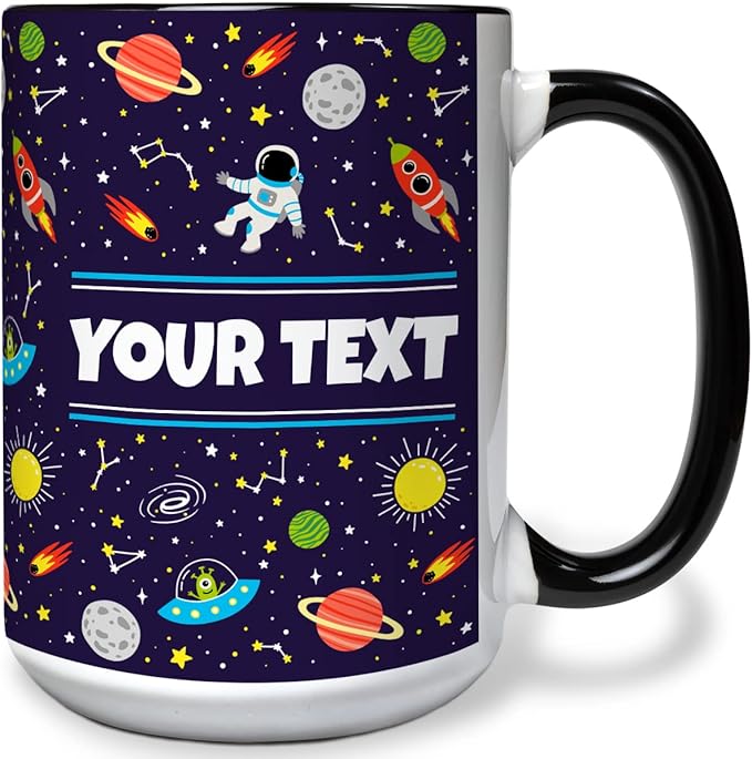 Personalized Mug for Kids - Outer Space - Custom Name/Text, Ceramic Hot Chocolate/Cocoa/Coffee Cup for Boys/Girls, Birthday/Christmas/Holiday Gift - 15 oz, Black Handle