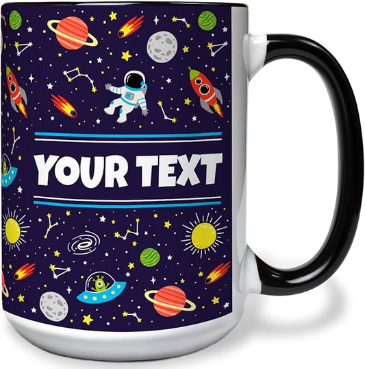 Personalized Mug for Kids - Outer Space - Custom Name/Text, Ceramic Hot Chocolate/Cocoa/Coffee Cup for Boys/Girls, Birthday/Christmas/Holiday Gift - 15 oz, Black Handle