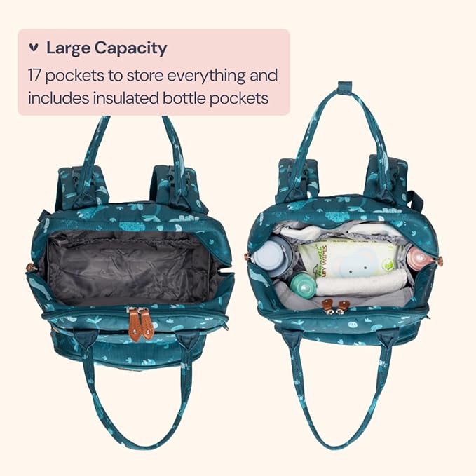 BabbleRoo Diaper Bag Backpack - Baby Essentials, Travel Essentials Baby Bag with Changing Pad, Stroller Straps & Pacifier Case - Unisex, Dino