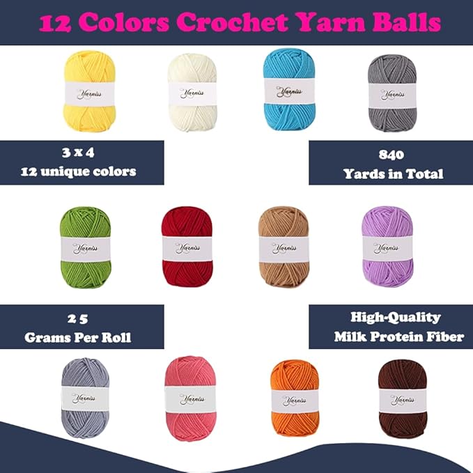 Yarniss Crochet Kits for Beginners, All in One Crochet Kits with 840 Yards Crochet Yarn, 10 Size Ergonomic Crochet Hooks 2.0mm~6.5mm
