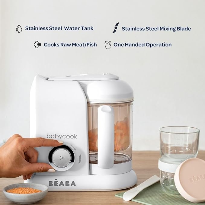 BEABA Babycook Solo 4 in 1 Baby Food Maker, Puree Steamer and Blender for Purees, Grinder with Auto Steam Cooking, Lrg Capacity 4.5 Cups 27 Servings in 20 Mins, Oat