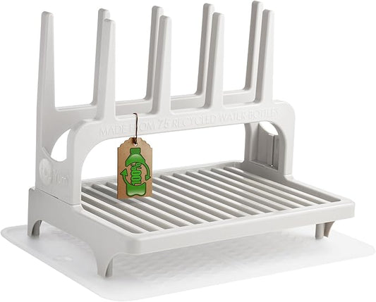 PopYum Seattle Gray Space Saving Drying Rack from 100% Recycled Bottles with Clear Frosted Silicone Drying Mat, countertop for Baby Bottle, Plastic Bags, Cups, Glass, tumblers, Compact
