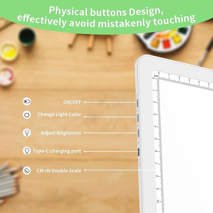 KOBAIBAN A4 Magnetic Light Pad with Bag, Rechargeable Diamond Art Light Board with Side Physical Buttons, 3 Color Light Modes Super Bright Light Table Light Box for Tracing, Drawing, Sketching (White)