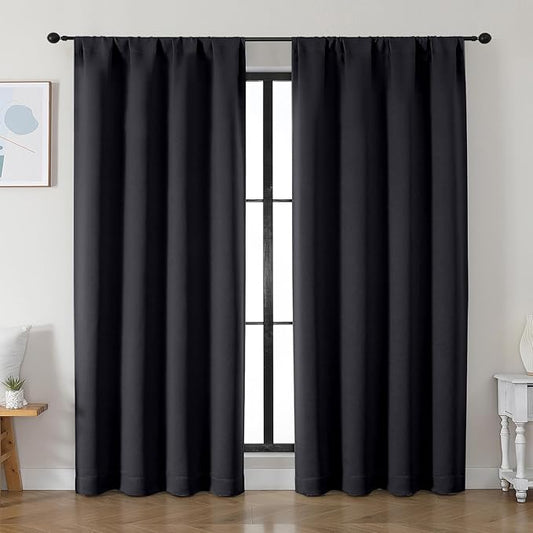 Simplebrand Ava Halloween Black Blackout Curtains for Bedroom 84 Inch Length 2 Panels Set, Solid Thermal Insulated Privacy Living Room Window Treatment Curtains Blackout Drapes, W50 x L84 Inch, Black
