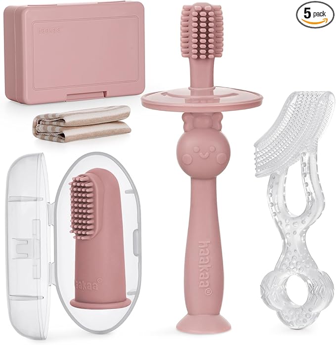 haakaa Training Toothbrush Set Oral Care Kit, Soft Silicone Toothbrush for Baby, Infants, Toddlers & Kids, Blush