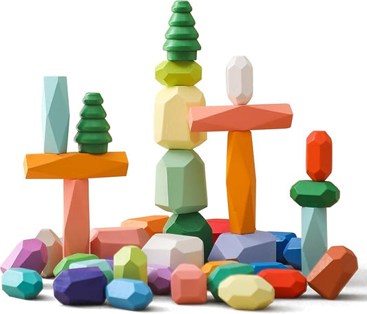 OESSUF Stacking Rocks 40Pcs Stacking Rocks Balancing Stacking Stones Wooden Stacking Toys Wooden Stone Stacking Game for Toddler Wood Sorting Montessori Stacking Rocks for Kids
