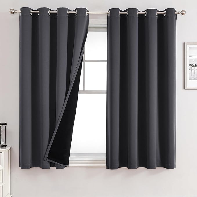 ChrisDowa 100% Blackout Curtains for Bedroom with Black Liner, 2 Thick Layers Total Blackout Thermal Insulated Grommet Small Window Curtains 45 Inch Length 2 Panels Set (Dark Grey, 52 x 45 Inch)