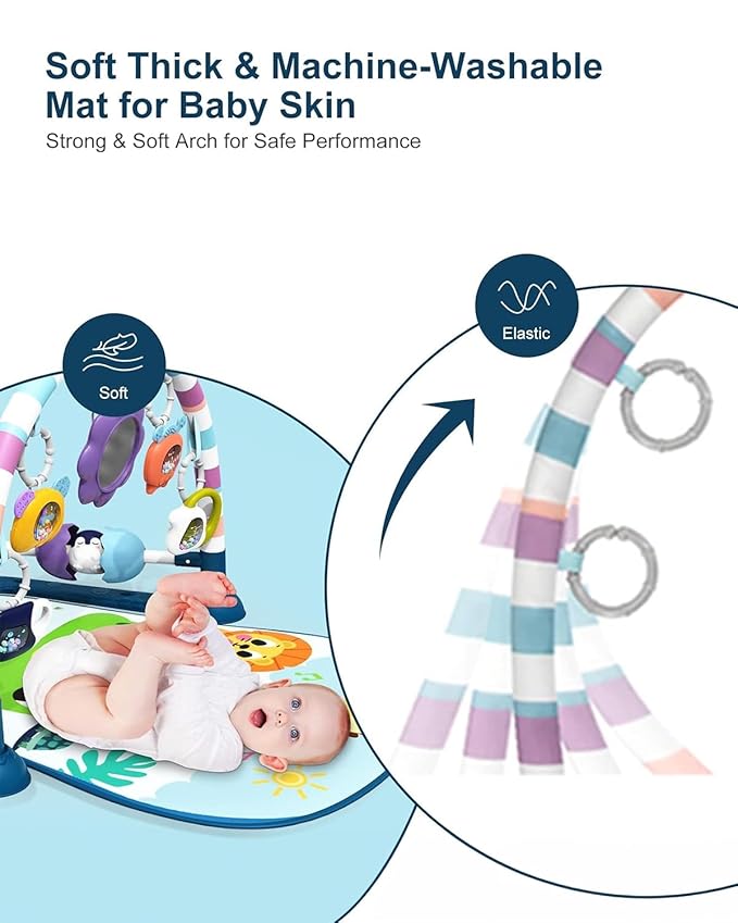 dearlomum Baby Play Mat Gym,Funny Play Piano Tummy Time Activity Mat with 5 Infant Sensory Toys & 4 Wrist Rattle Socks, Boy & Girl Gifts for Newborn 0 to 3 6 9 12 Months(Blue)