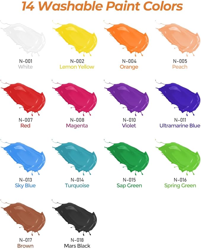 Nicpro 14 Colors Large Washable Paint for Kids 8.45oz/250ml, Non Toxic Children Tempera Finger Paints with Paint Brushes, Cups and Sponge for Art, Poster, School, Classroom, Craft DIY, Children