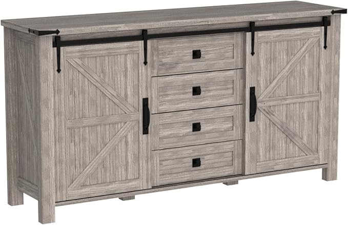 T4TREAM 60'' Farmhouse Dresser Chests for Bedroom w/4 Drawers & Sliding Barn Doors, Tall Chest of Drawers, Rustic Dresser TV Stand,Organizer for Bedroom, Living Room, Light Rustic Oak