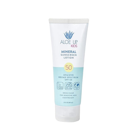 Aloe Up Kids Broad Spectrum Mineral Sunscreen Lotion SPF 50 - Face and Body Sunblock for Sensitive Skin - With Gen2 Zinc Oxide and Aloe Vera - Dries Clear - Reef Safe - Fragrance-Free - 3 Oz