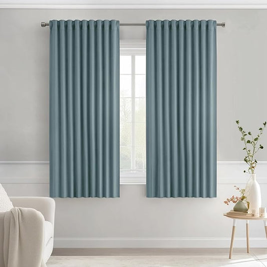 MIULEE Greyish Blue Back Tab Blackout Curtains 63 Inch Length 2 Panels Set for Living Room Bedroom Privacy, Rod Pocket/Pinch Pleat Thermal Insulated Room Darkening Pleated Light Blocking Drapes