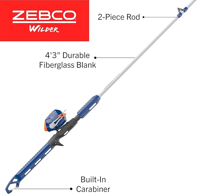 Zebco Wilder Fishing Reel and Rod Combo, 4'3" Durable Fiberglass Rod with Built-In Carabiner, Patented No-Tangle Reel, Pre-Spooled with 6-Pound Zebco Cajun Fishing Line, Blue/Orange