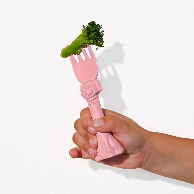 Made in USA Spoon la la Toddler Utensils Set - 2 Pack (1 Spoon & 1 Fork for Kids) - Self-Standing 3D Ergonomic Cat & Dog Handles - BPA-free, Dishwasher Safe, Baby Silverware (Pink)