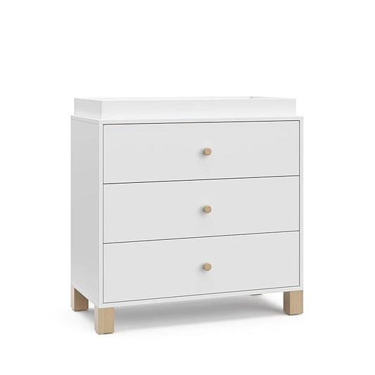 Storkcraft California 3-Drawer Chest with Removable Changing Topper (White with Driftwood) – GREENGUARD Gold Certified, Interlocking Drawer System, Pre-Installed Tracks, Easy Assembly