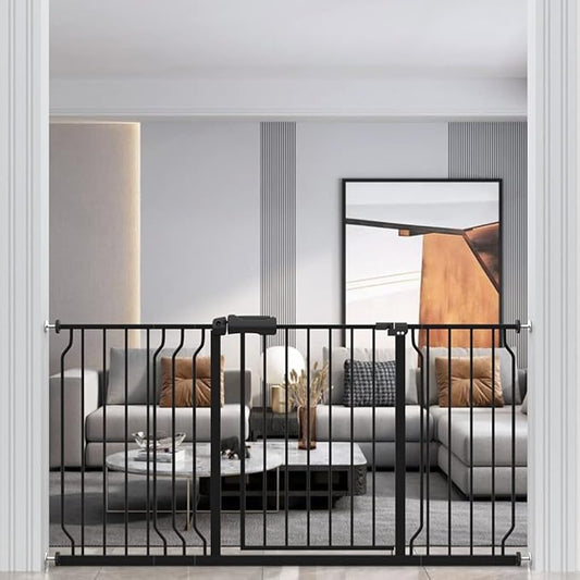 WAOWAO Baby Gate 62.19-66.92" Extra Wide Pressure Mounted Walk Through Swing Auto Close Safety Black Metal Toddler Kids Child Dog Pet Puppy for Stairs,Doorways,Kitchen