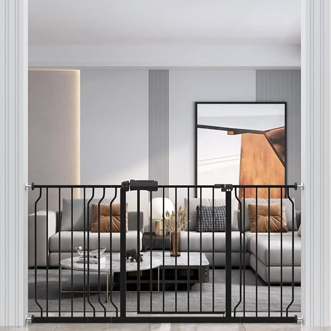 WAOWAO Baby Gate 57.48-62.20" Extra Wide Pressure Mounted Walk Through Swing Auto Close Safety Black Metal Toddler Kids Child Dog Pet Puppy for Stairs,Doorways,Kitchen