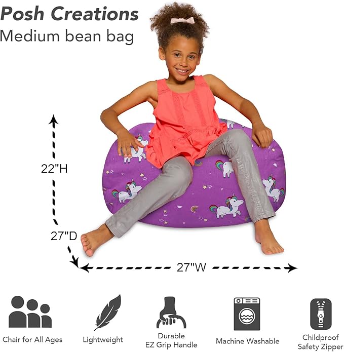 Posh Creations Bean Bag Chair for Kids, Teens, and Adults Includes Removable and Machine Washable Cover, 27in - Medium, Canvas Unicorn and Rainbows on Purple