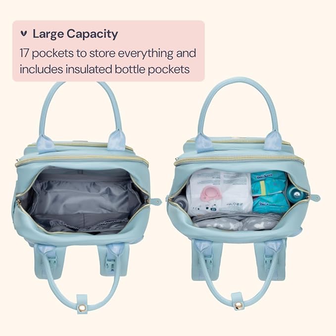 BabbleRoo Leather Diaper Bag Backpack - Baby Essentials Travel Baby Bag, Multi function, Waterproof, with Changing Pad, Stroller Straps & Pacifier Case – Unisex, Powder Blue