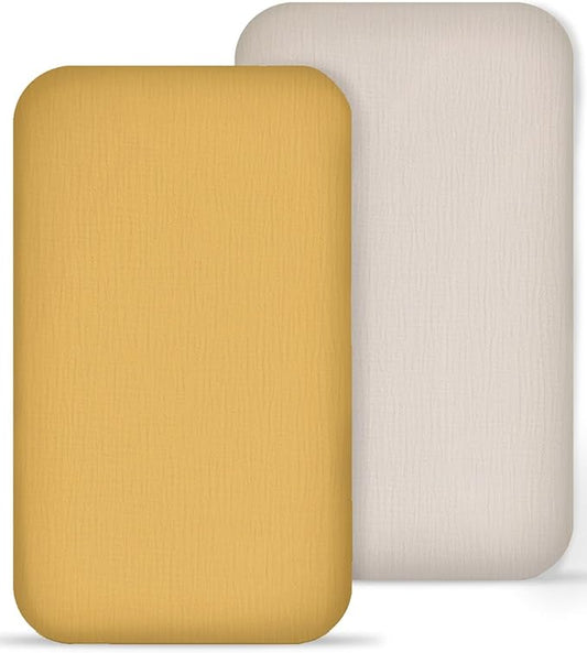 Muslin Bedside Bassinet Sheets 2 Pack, 33x20 Fitted Ultra Soft & Breathable Bedside Sleeper Sheets, Ideal for Baby Girl and Boy, Perfect for Newborns (Beige & Mustard Yellow)
