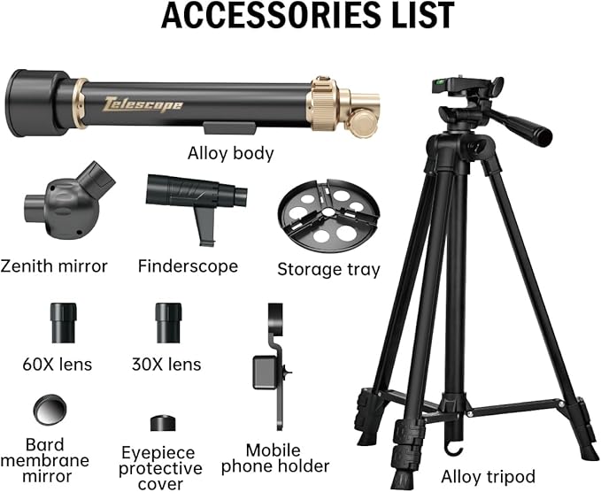 Telescope for Kids& Adults with 60X/30X Lenses, Adjustable Alloy Tripod, Mobile Phone Holder, 360° Gimbal Mount for Stargazing and Nature Viewing,Suitable for Astronomy Enthusiasts