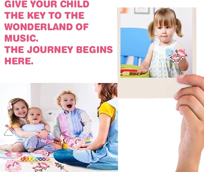 Kids Musical Instruments Sets, 12pcs Wooden Percussion Instruments Toys Tambourine Xylophone for Kids Playing Preschool Education, Early Learning Musical Toys for Boys Girls Gift (Pink)